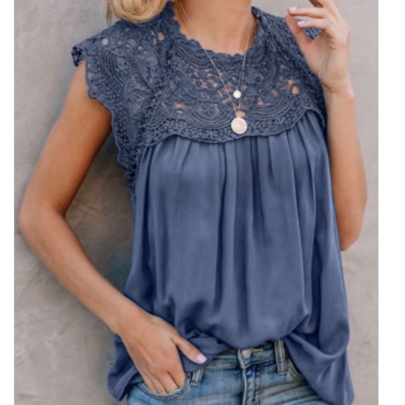 Tops - Boho Crochet Lace Trim Blouse in Periwinkle